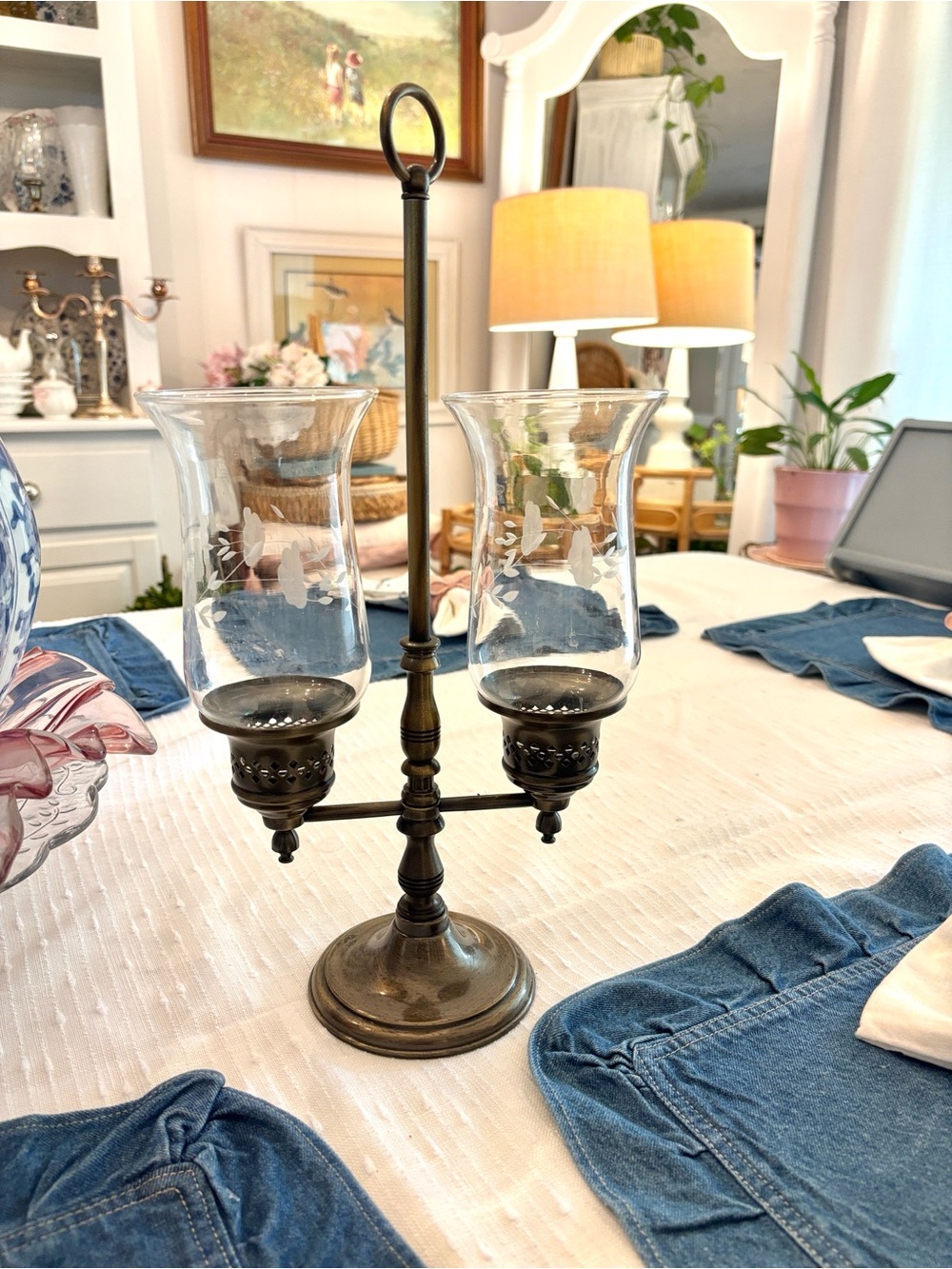 Vintage 3 Piece Princess House Bronze Etched Glass Double Arm Candle Holder Lamp